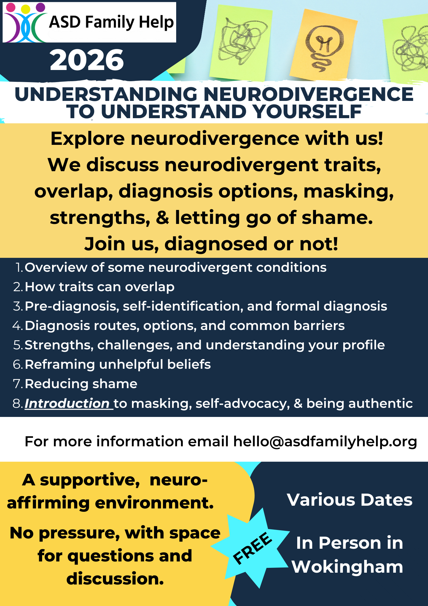 Flyer for workshop: Understanding neurodivergence to understand yourself. 
The flyer shows the outline of the workshop, the topics we cover, our contact details and that the workshop is FREE. The same detaiils are included on this website page. 