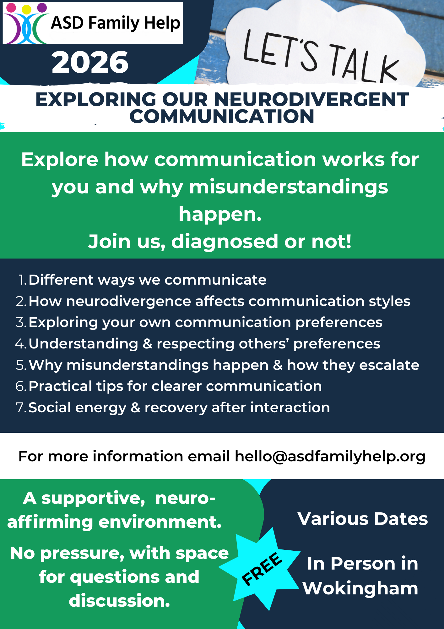 Flyer for workshop: Exploring our neurodivergent communication. 
The flyer shows the outline of the workshop, the topics we cover, our contact details and that the workshop is FREE. The same detaiils are included on this website page. 