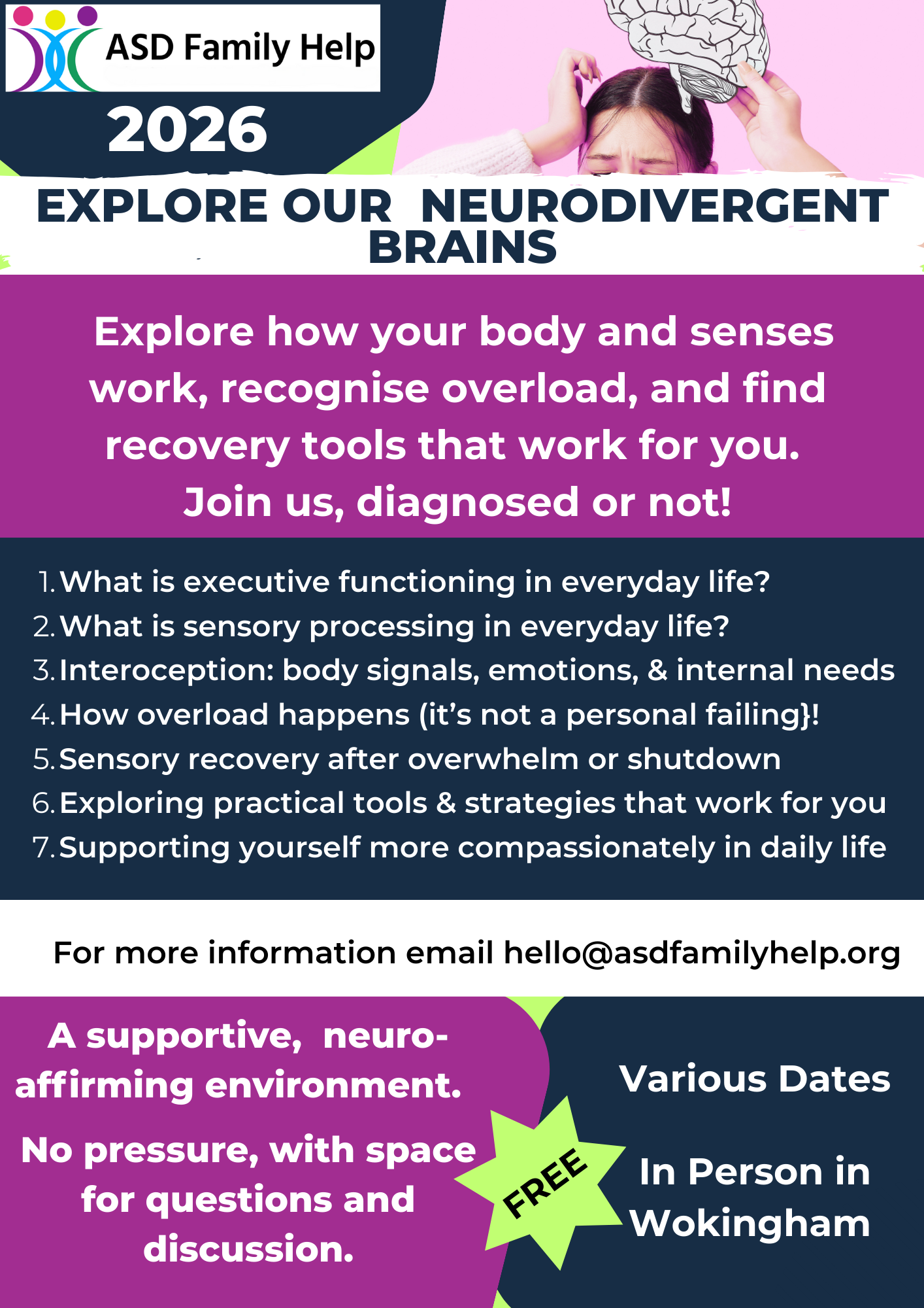 Flyer for workshop: Exploring our neurodivergent brains. 
The flyer shows the outline of the workshop, the topics we cover, our contact details and that the workshop is FREE. The same detaiils are included on this website page. 